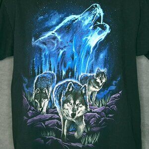 DOM Mens T-Shirt Wolf Howling Graphic Large Black Short Sleeve 100% Cotton Tee